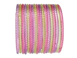 Pink, yellow, and lavender transparent glass bangles with no glitter.