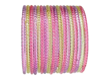 Pink, yellow, and lavender transparent glass bangles with no glitter.