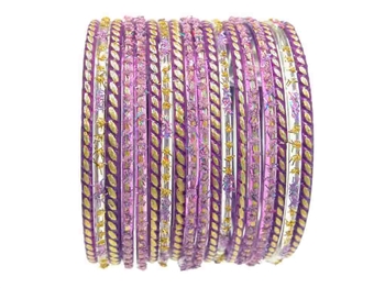 Lavender, purple, and gold glass bangles with glitter accents.