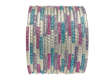 Matte silver bangles accented with purple, lavender, and turquoise blue glitter.