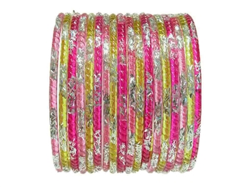 Pink, fuchsia, and yellow glass bangles with silver glitter accents.