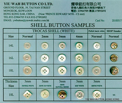 Mother of Pearl & Trocas Shell Button Samples Card
