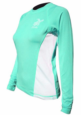 Ladies' Tormenter Shirt/Rash Guard<BR>SPF 50 Fast Dry Seafoam with Turtle