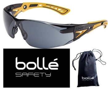 Bolle 40244 Rush+ Safety Glasses, Black/Yellow Frame, Smoke Anti-fog Lens