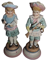 Large Polychrome Bisque Figures / Statues Boy & Girl German Ca 1880 - Sold