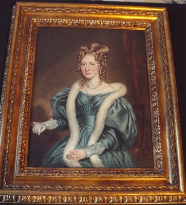 18th Century Oil Painting of Lady in Blue Silk Dress