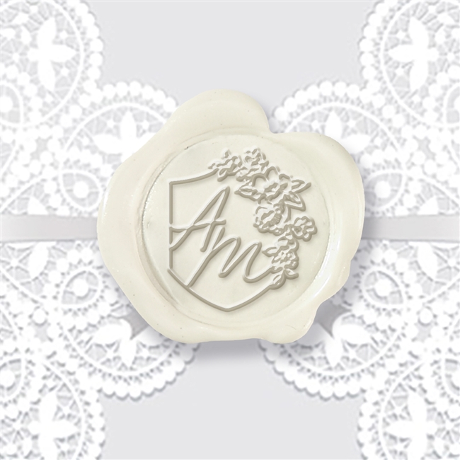 Custom Adhesive Wax Seal Stickers Hand Pressed - 1 1/4" Wedding Duogram Red Velvet Initials with Floral Shield