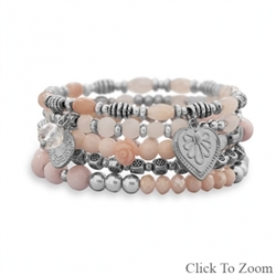 MULTICHARM SILVERTONE STRETCH BRACELETS WITH PINK BEADS - SET OF 5