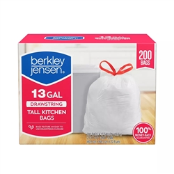 Berkley & Jensen White Drawstring 13 Gallon Kitchen Trash Bags 200ct