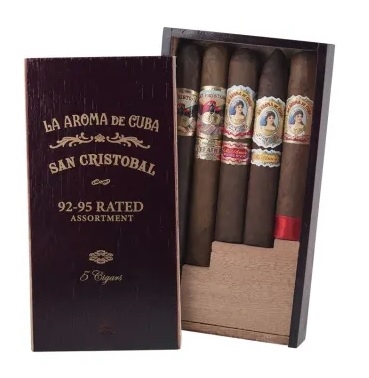 La Aroma de Cuba and San Cristobal '92-95 Rated' Sampler Box (Includes 1 of Each:  La Aroma de Cuba Robusto, La Aroma de Cuba Mi Amor Belicoso, La Aroma de Cuba Mi Amor Reserva Maximo, San Cristobal Monumento, San Cristobal Revelation Legend)