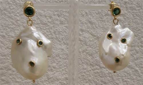 (~01/07) Baroque Pearl Emerald Cubic Silver 925 Earring (will ship within 1~2 weeks)