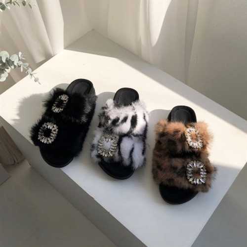 Jewel Rabbit Fur Slippers (Black/Brown/White) (230~250) (will ship within 1~2 weeks)