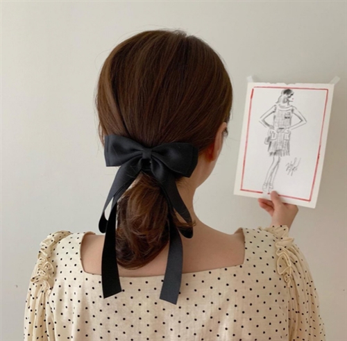 Ribbon Hair Pin (Beige/Black) (will ship within 1~2 weeks)