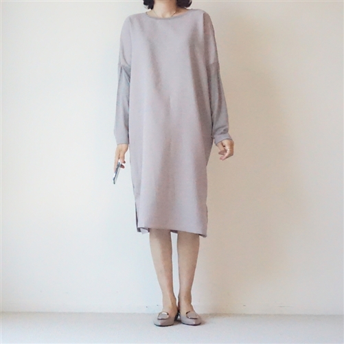 Beige Color Block Silky Dress - Long Sleeve
