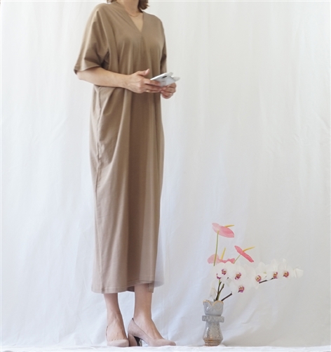 (Best; 2nd Reorder) Beige Both Side V Neck Stylish Dress