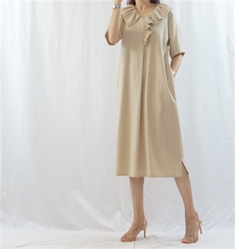 (Best; 2nd Reorder) Beige Front Ruffle Dress