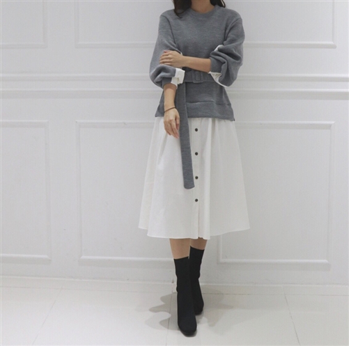 (~12/08) Shirt Layered Belt Knit Dress (Gray/Navy) (will ship within 1~2 weeks)