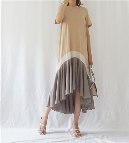 Ruffle Chiffon Dress (Beige/Khaki) (will ship within 1~2 weeks)