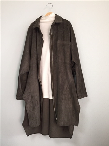 Khaki Suede Zip Up Trench Coat