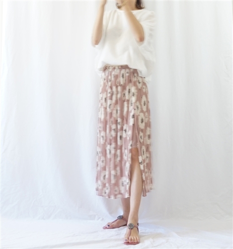 (Best; Back-Order; 3rd Reorder) Pink Flower Pleated Luxe Line Skirt (will ship within 1~2 weeks)