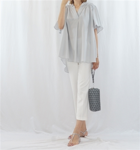 (Best; Back-Order; 2nd Reorder) Gray Cotton Frill Blouse (will ship within 1~2 weeks)