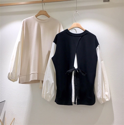 (~10/21) Back Ribbon MTM Top (Ivory/Black) (will ship within 1~2 weeks)