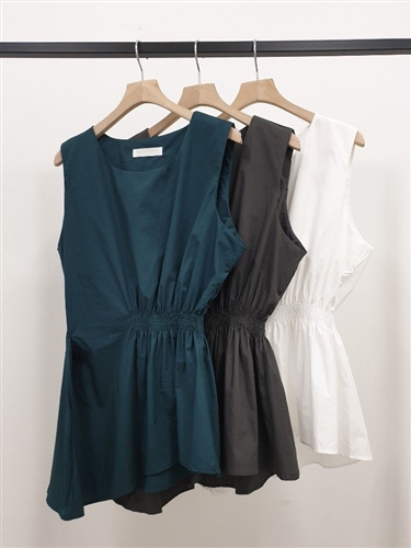 Unbalanced Side Shirring Blouse (White/Charcoal/BluishGreen) (will ship within 1~2 weeks)