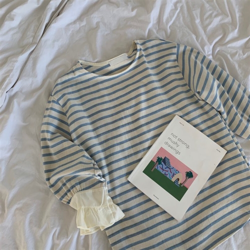 Stripe Ruffle Top (Black/SkyBlue/Red) (will ship within 1~2 weeks)