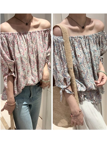 Isabel Off Shoulder Blouse (Blue/Pink) (will ship within 1~2 weeks)