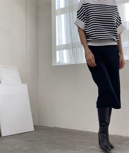 Stripe Double Sleeve Knit (Ivory/Navy) (will ship within 1~2 weeks)