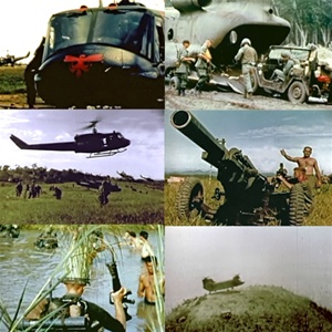 Photos from the Vietnam War: Huey and Chinook Helicopters,  air mobile infantry wading through deep swamps  and air dropped field artillery.