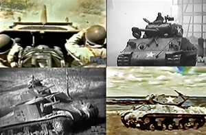Photos of M-10 tank destroyers in training at Fort hood Texas, an M4 Sherman tank fighting with the 10th Armored Division at the Battle of the Bulge, and an m3 Grant tank in action early in World War 2