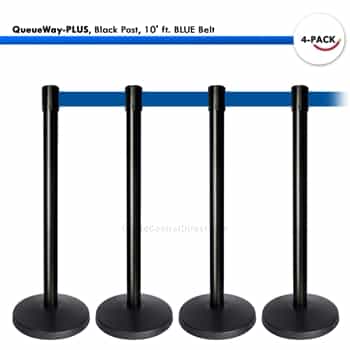 Kit: 4 QueueWay-PLUS Stantions, Black Post, 10' ft. BLUE Belt