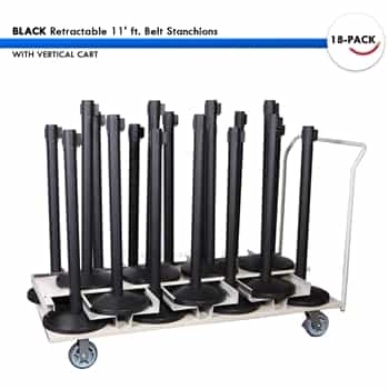 SET: 18 BLACK Retractable 11' ft. Belt Stanchions, with Vertical Storage Cart