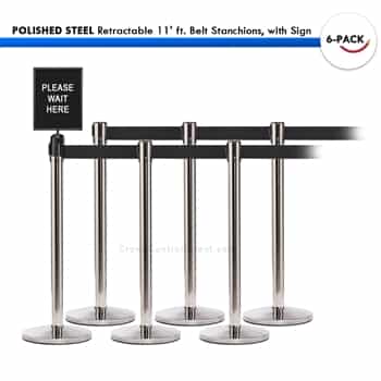 SET: 6 POLISHED STEEL Retractable 11' ft. Belt Stanchions, with Sign
