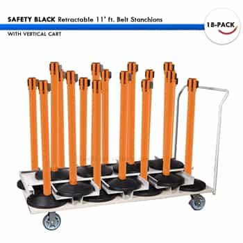 SET: 18 Safety Retractable 11' ft. Belt Stanchions, with Vertical Storage Cart