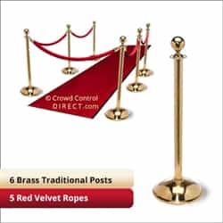 Brass Stanchion Kit: 6 + 5 velvet ropes (Ball Top with Dome Base)