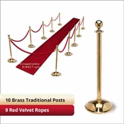 Brass Stanchion Kit: 10 + 9 velvet ropes (Ball Top with Dome Base)