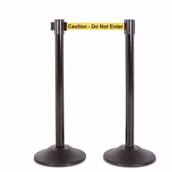 Premium Retractable Belt Stanchion - Black steel post with 15lb base & 7.5' "Caution - Do Not Enter" belt (2 pack)