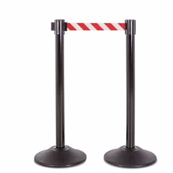 Premium Retractable Belt Stanchion - Black steel post with 15lb base & 7.5' danger red/white chevron belt (2 pack)