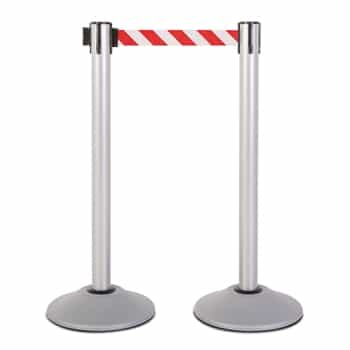 Premium Retractable Belt Stanchion - Silver powder coated steel post with 15lb base & 7.5' danger red/white chevron belt (2 pack)