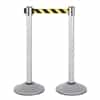 Premium Retractable Belt Stanchion - Silver powder coated steel post with 15lb base & 7.5' safety yellow/black chevron belt (2 pack)