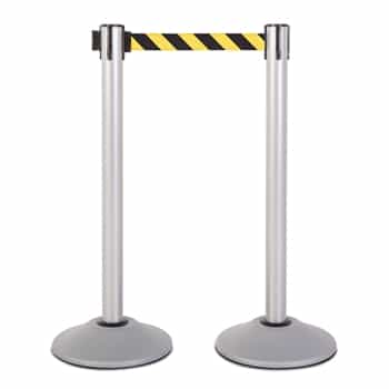 Premium Retractable Belt Stanchion - Silver powder coated steel post with 15lb base & 7.5' safety yellow/black chevron belt (2 pack)