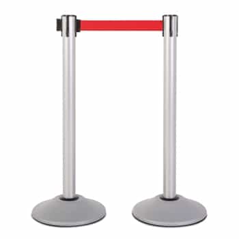 Premium Retractable Belt Stanchion - Silver powder coated steel post with 15lb base & 7.5' red belt (2 pack)