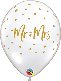 11 inch Qualatex Mr. & Mrs. Gold on DIAMOND CLEAR with Gold Dots Latex Balloon
