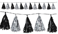 9 3/4 inch x 8 foot BLACK & SILVER Metallic Tassel Garland