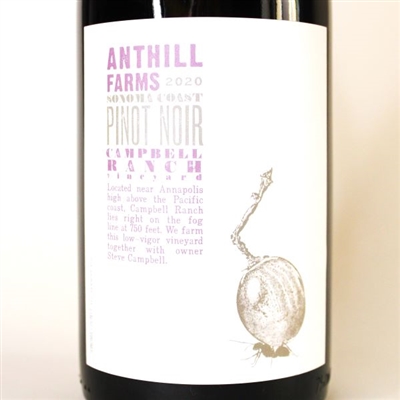 750ml bottle of 2020 Anthill Farms Pinot Noir from the Campbell Ranch Vineyard on the Sonoma Coast of California USA