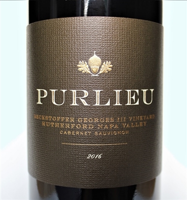 750 ml bottle of 2016 vintage Purlieu Wines Cabernet Sauvignon from the Beckstoffer Georges III vineyard in Rutherford AVA of Napa Valley California