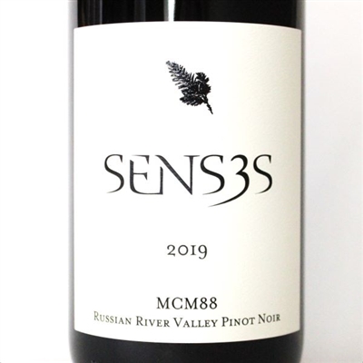 750ml bottle of 2019 Senses Pinot Noir MCM88 from the Perry Ranch vineyard in the Russian River Valley AVA of Sonoma County California