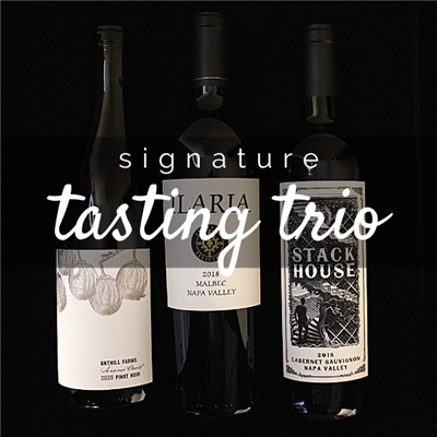Three 750ml bottles of wine for $98 on the Signature Tasting Trio including Anthill Farms Pinot Noir Ilaria Malbec and Stack House Cabernet Sauvignon